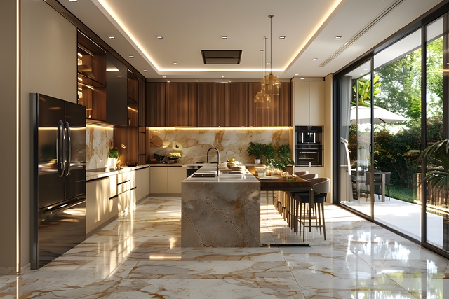 Sleek kitchen with marble island and a large window